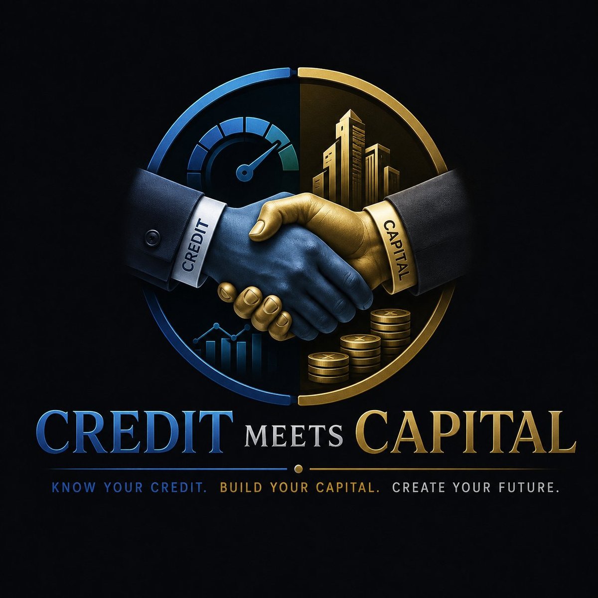 Handshake between gold and blue hands representing business partnership with text Credit Meets Capital and tagline about building financial future