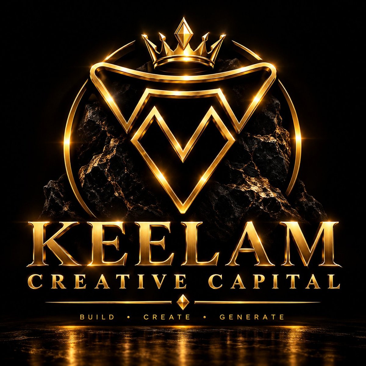 Gold neon logo for Keelam Creative Capital with crown, geometric shield design, and tagline Build Create Generate on black background